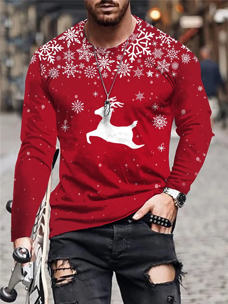 

Autumn Winter Christmas Style Men's Long Sleeve T-Shirts Snowflake And Deer 3D Print Male Red Tees Festival Casual Tops