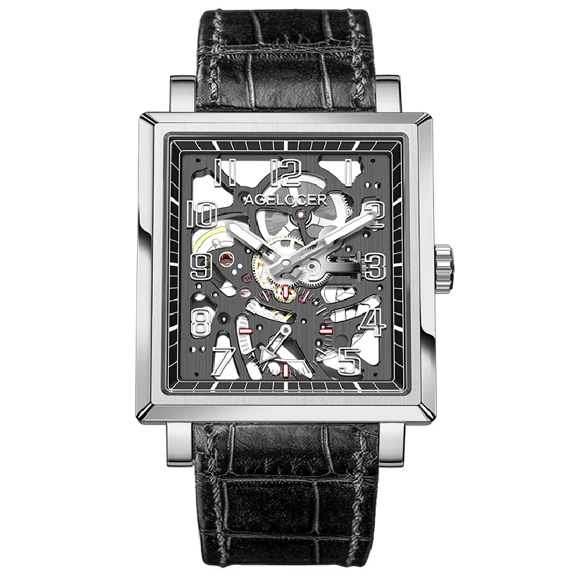 

AGELOCER Sapphire Hollow Engraving Skeleton Mechanical Watch Men Luxury Brand Original Design Black Leather Square Heren Horloge