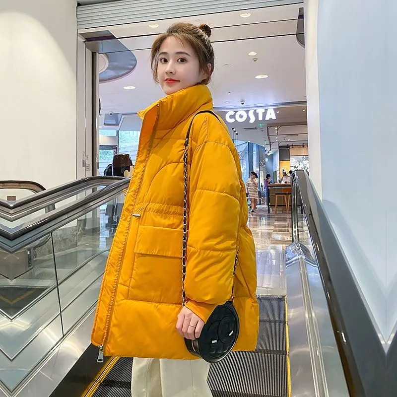 Winter Warm Overcoat Thick Outwear TopCasual Parka Mid-length Cotton Padded Stand Collar Loose Women Coat Zipper Pockets S55