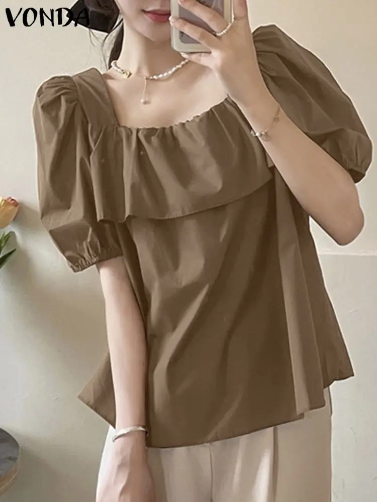

VONDA Summer Women Ruffled Tops Fashion Blouse 2023 Casual Solid Square Collar Shirts Short Puff Sleeve Sexy Tunic Streetwear