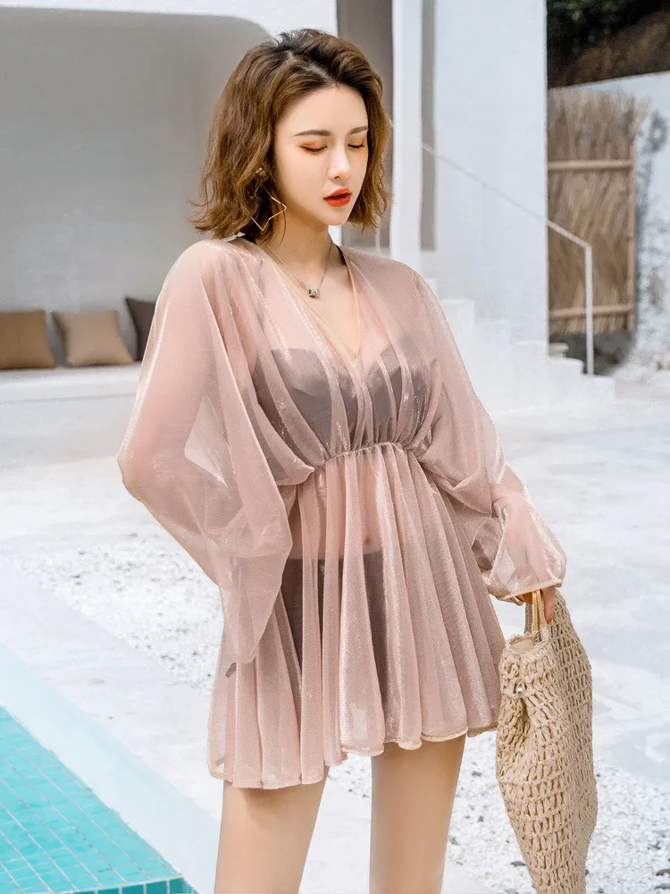 

Korean Beach Style Sexy 3 Piece Bikini Sets Summer Vacation Knited Lace Swimwear With Embroidery Cover up Women Biquinis 2023