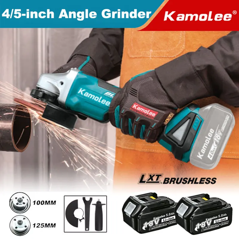 

Kamolee 18500RPM 3000W 100MM/125MM Brushless Cordless Angle Grinder with Battery and Compatible with Makita 18V Battery