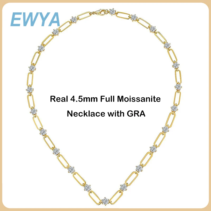 

EWYA Real 4.5mm Full Moissanite Necklace for Women 925 Sterling Silver Plated 18K Gold Diamond Neck Chain Necklaces Fine Jewelry