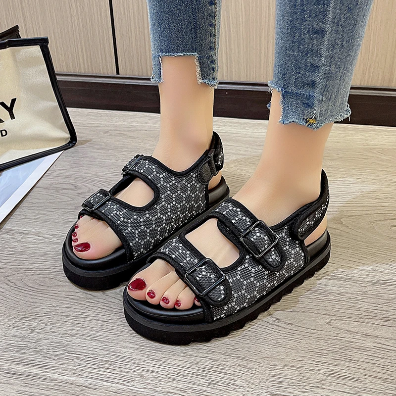 2023 Summer Women's Sandals New Comfortable Thick Sole Sandals Round Toe Plaid Open Toe Sports Sandals Wedges Shoes For Women