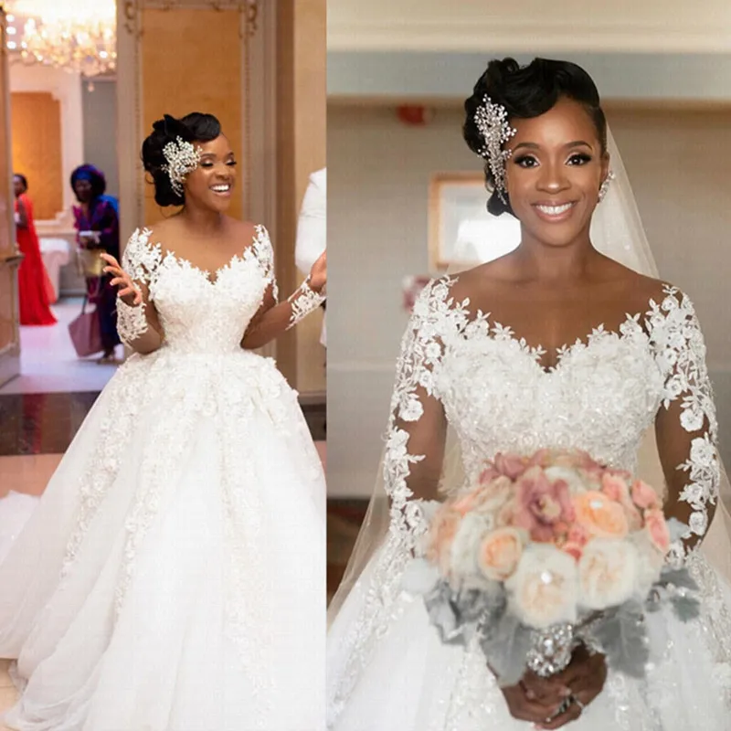 

African Lace Wedding Dress 2023 Elegant 3D Flowers Appliques Long Sleeves Sheer Neck Beads Bridal Gowns Vestido Novias Plus Size
