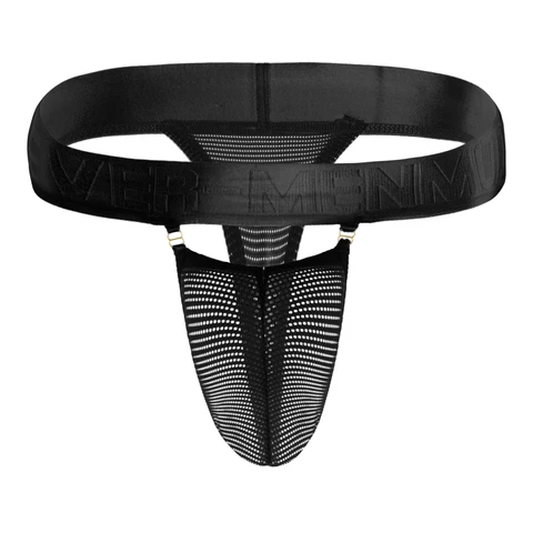 Men Mesh Sheer Thong Sexy Man Underwear G String Hollow Penis Pouch Panties Tanga hombre Wide Waistband Metal Buckle Decor