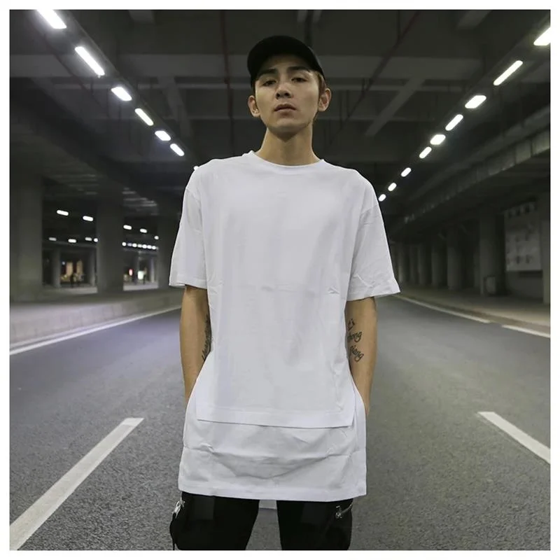 

Men's Medium Short Sleeve T-Shirt High Street Double Layer Front And Rear Long Split Versatile Bottoming Shirt