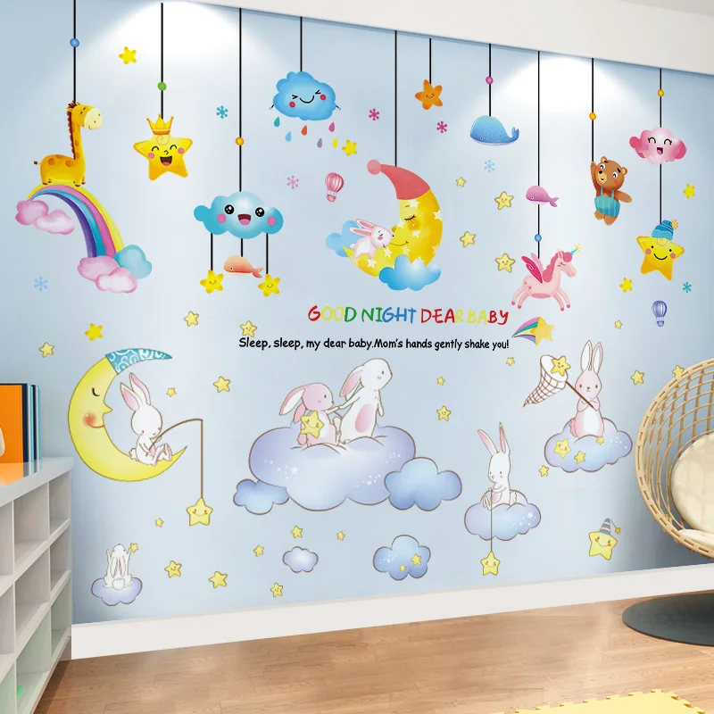 

[SHIJUEHEZI] Rabbits Animals Wall Stickers DIY Cartoon Clouds Stars Moon for Kids Room Baby Bedroom Nursery House Decoration
