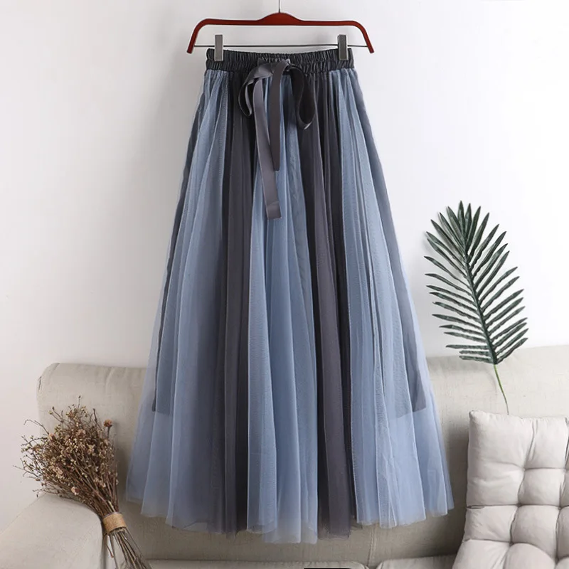 2022 Spring Summer Gradient Color Tulle Skirts Women Fashion Bow Patchwork A-line Skirt Female Long Sweet Party Skirts