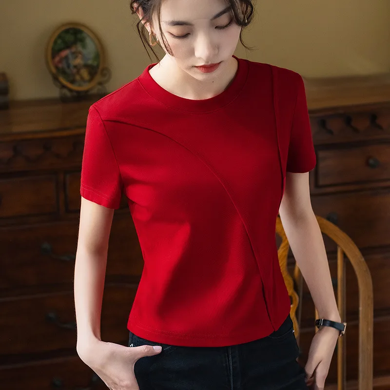 

2023 European new women's pure color round neck cotton t-shirt stitching design sense of short-style jacket BLACK
