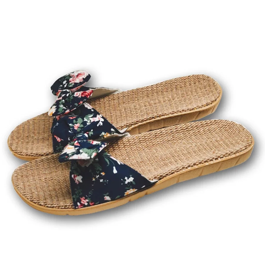 

Comemore 2022 Summer Flax Indoor Home Slippers Bow Tie Women Beach Non-slip House Female Family Slipper Flat Woman Sandals Black
