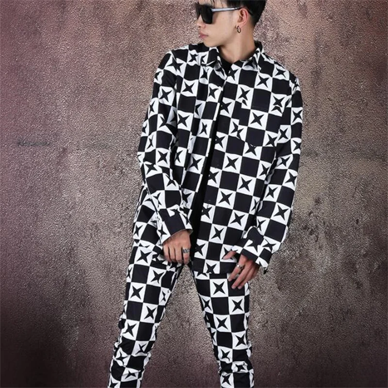 Shirt set mens casual matching black and white check print trendy nightclub singer stage dance shirt and pants