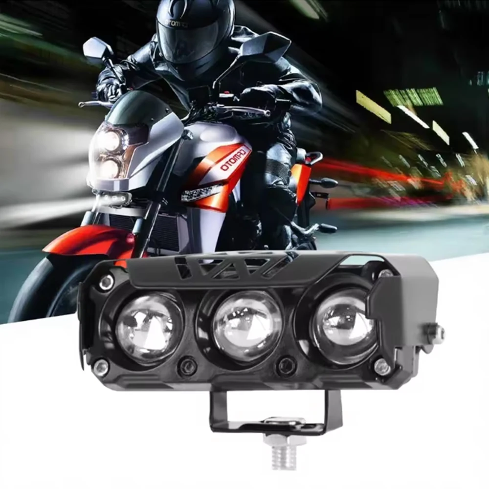 Фото 3LED мотоциклетный светодиодный прожектор, двухцветные противотуманные фары для легковых автомобилей, грузовиков, внедорожников, мини-объектив, фары дальнего света, аксессуары для мотоциклов №1