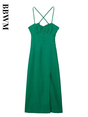 Linen Corset Dress Woman Green Strap Midi Dress Women Sexy Vintage Backless Dresses 2023 Summer Chic Female High Street Dress