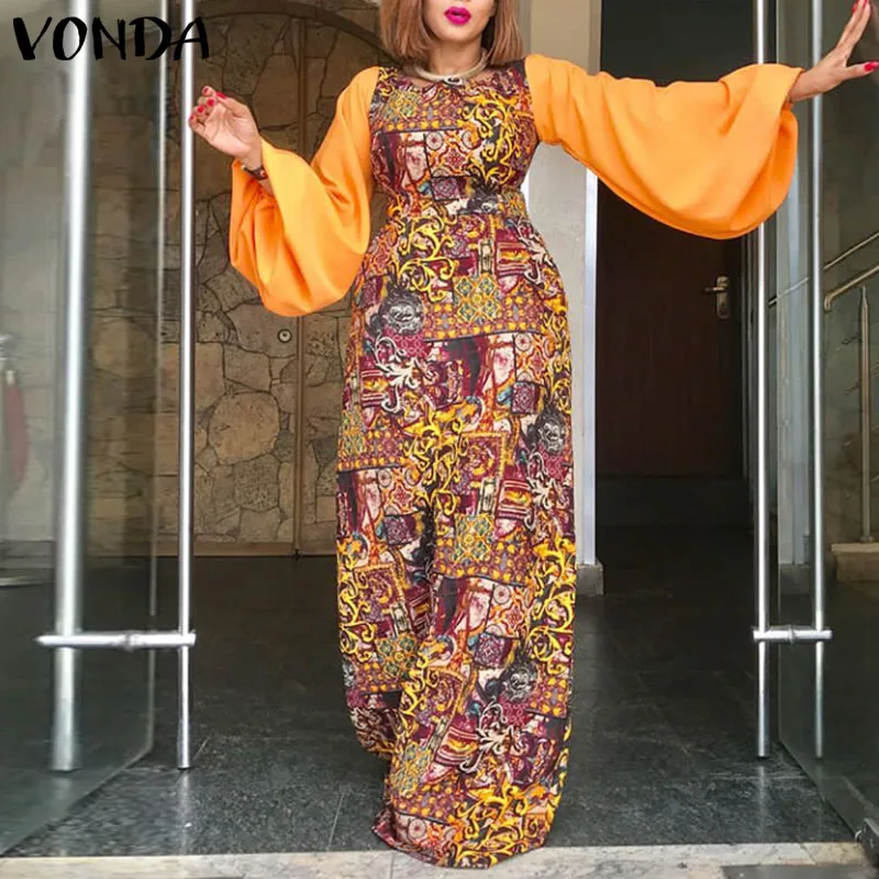 

VONDA Women Spring Round Neck Dress Vintage Printed Pleated Robe Baggy Vestido Female Puff Sleeve Long Maxi A-Lined Sundress