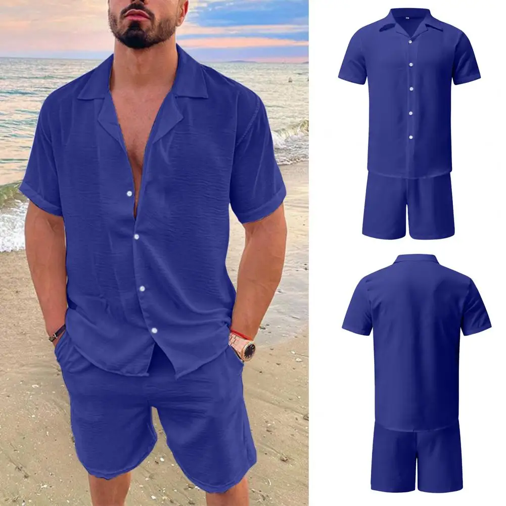 

Summer 2 Pieces Beach Short Sleeve Linen Shirts Shorts Pants Sets With Pockets Beach Casual Shorts Suit Daily Tops Male Outfits