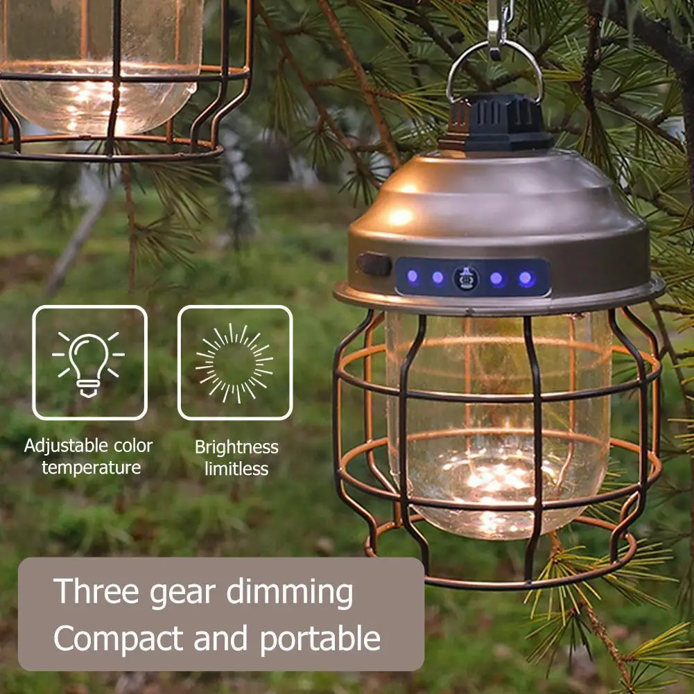 

Rechargeable Led Camping Light Vintage Metal Hanging Flashlight Tent Charge Warm Waterproof Type-C Lantern Lamp 3600mah fas R9O9