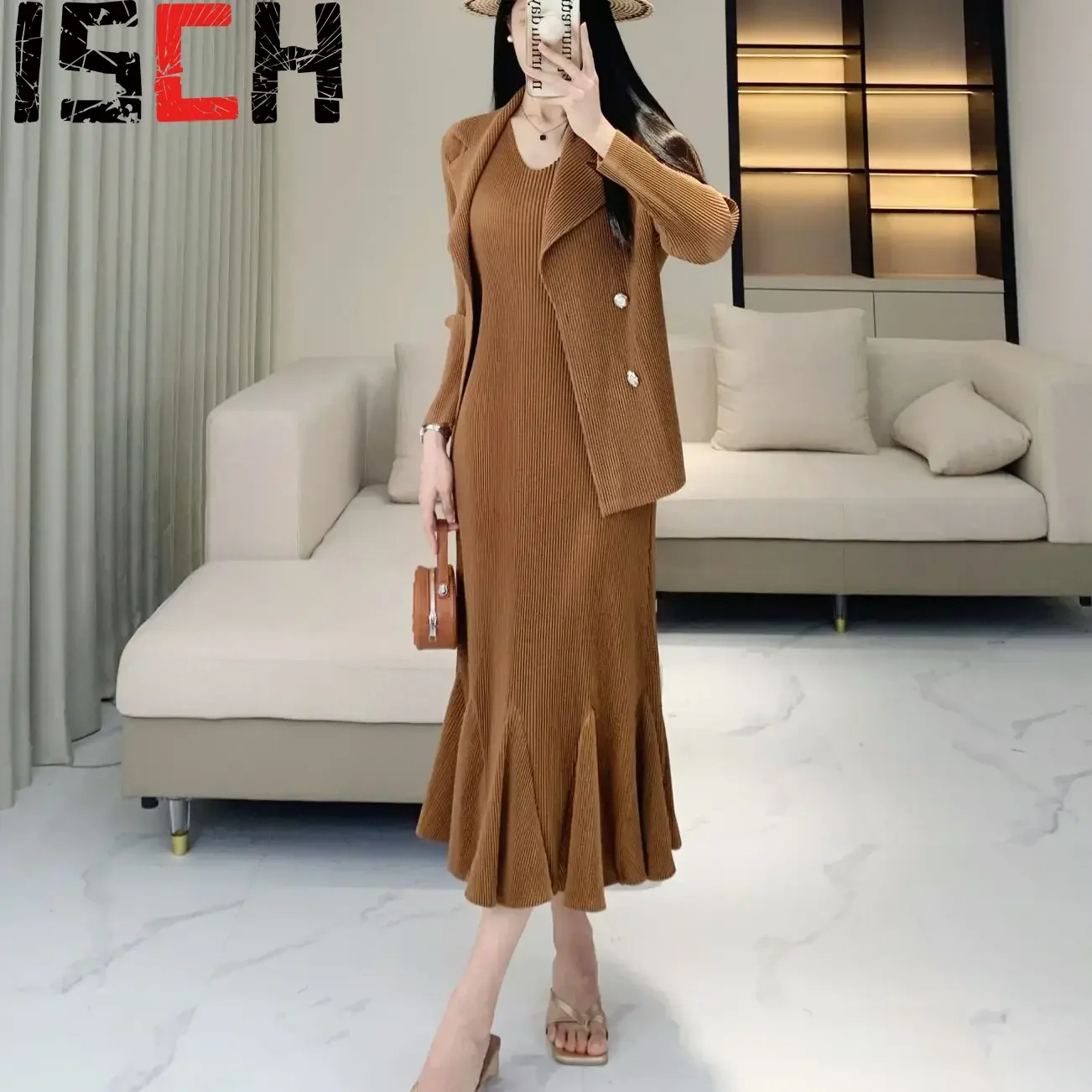 Плиссированный женский осенний Новый Модный Блейзер и юбка рыбий хвост комплект