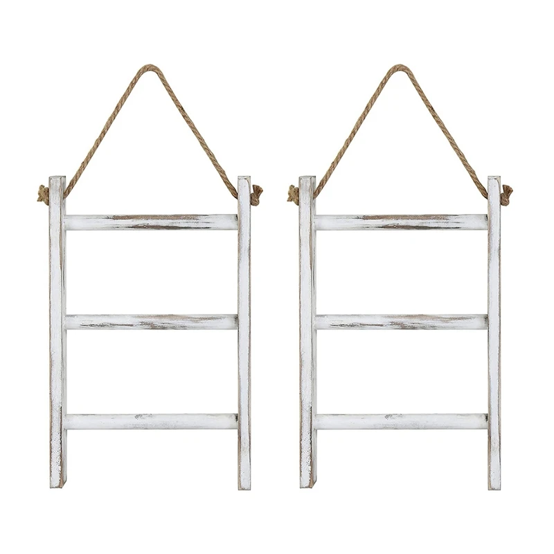 

2X Wall-Hanging Towel Ladder Rustic Whitewashed Wood Countertop Ladder Farmhouse Decor Towels Rack with Adjustable Rope