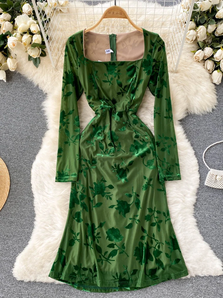 

2022 Women's Summer Dress High Waist Velvet vintage dress elegant green print zipper spring robe femme slash neck