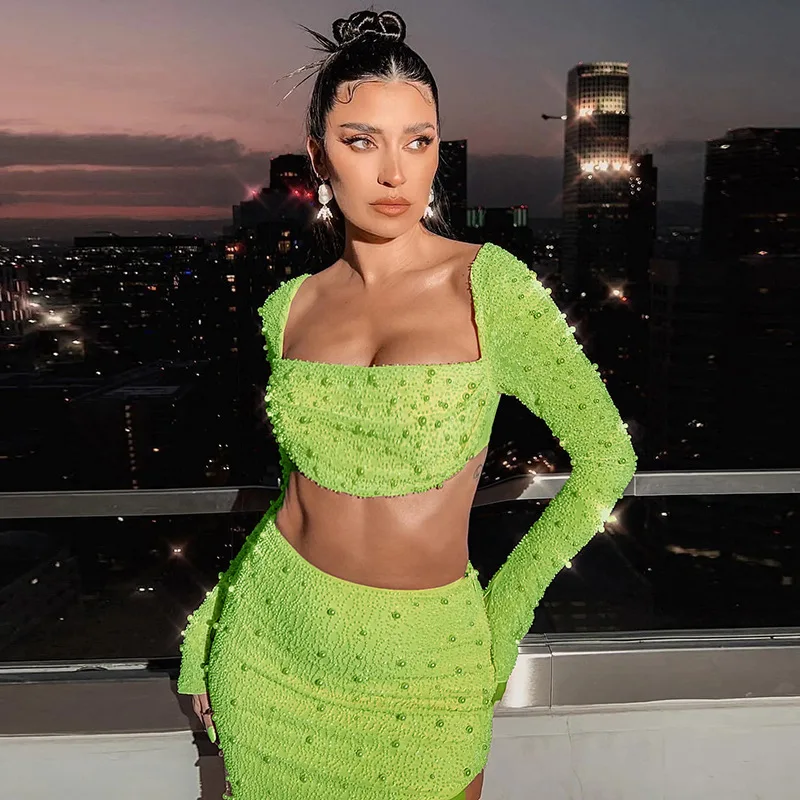 

Female Club Party Two Piece Set Skirts 2023 Summer Women Sexy Dress Sets Square Collar Full Sleeve And Split Skirt Matching Sets