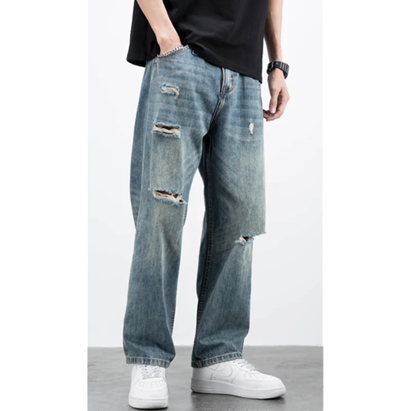 Men Clothing New Pattern Recreational Vintage Broad Leg Blue Ripped Jeans Straight Cylinder Large Loose Cargo Pants Autumn Women