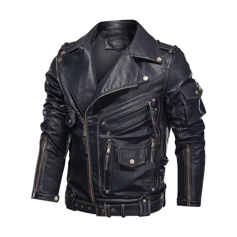 

2023High-quality 3D three-dimensional multi-pocket fashion solid color trend handsome zipper motorcycle leather coat retro coat