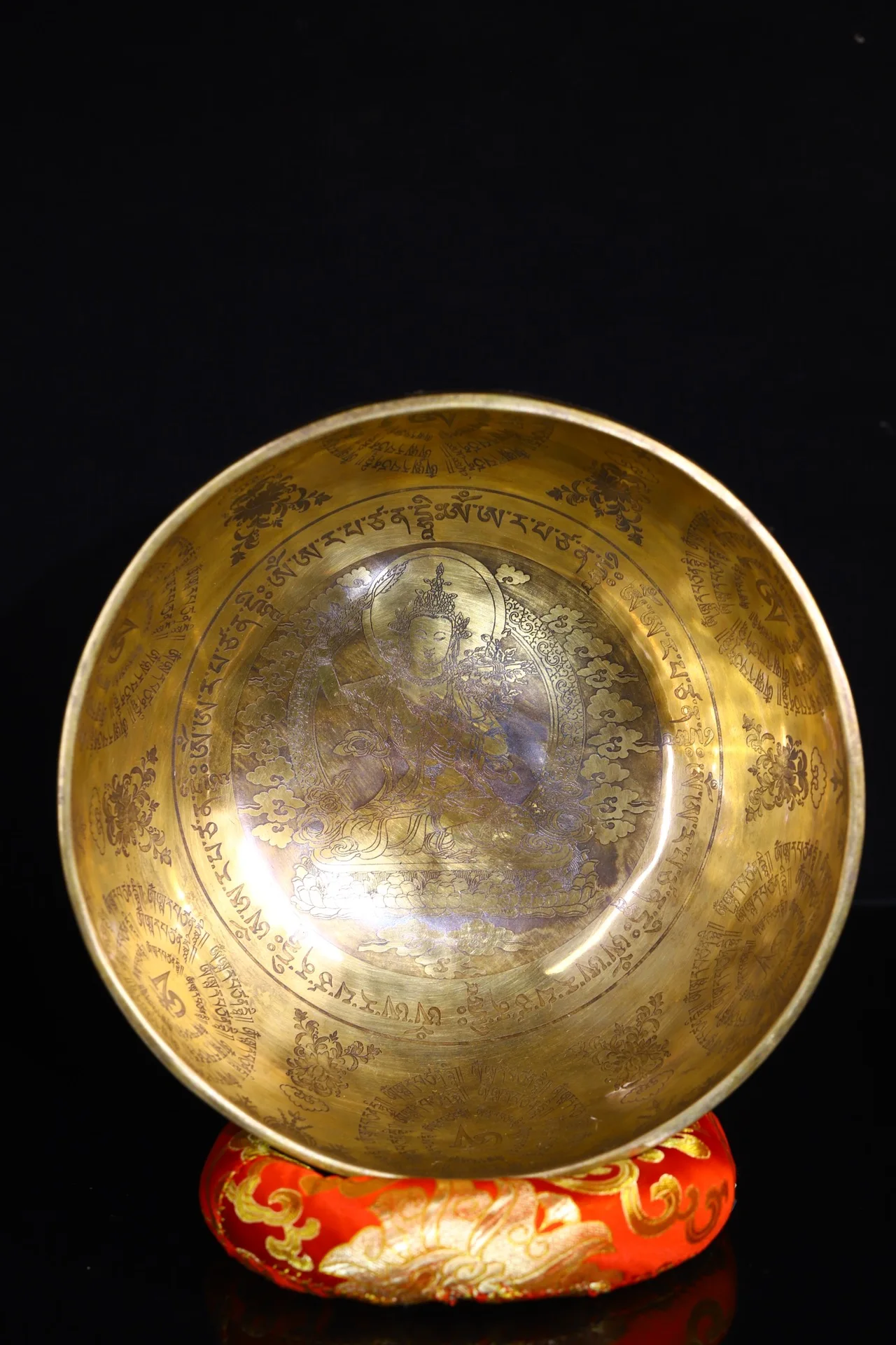 

9" Tibetan Temple Collection Old Bronze Painted Manjushri Buddha sound bowl prayer bowl Sanskrit Dharma Town house Exorcism