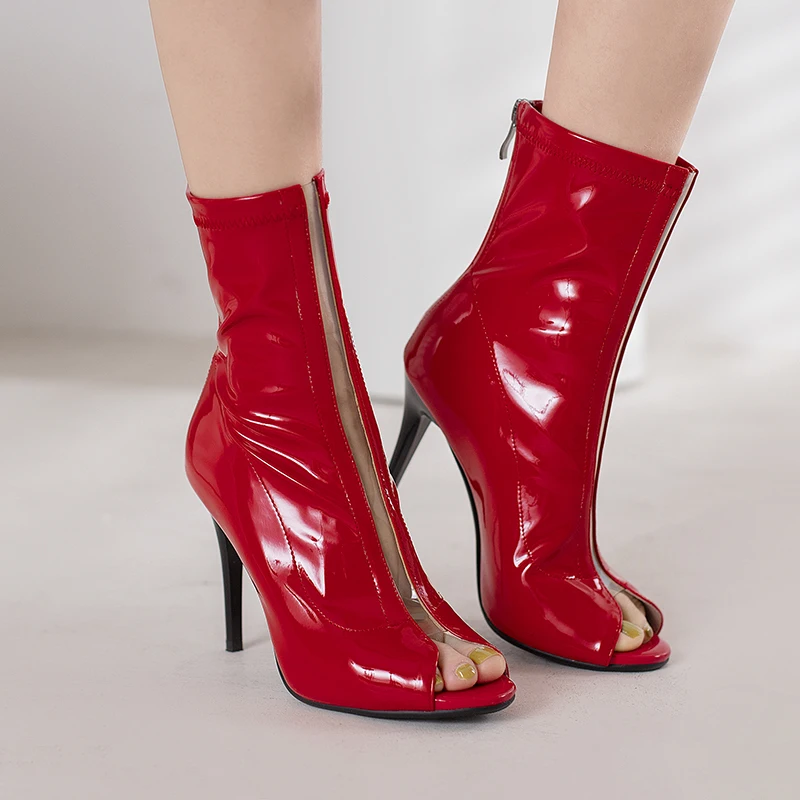 Peep Toe Summer Sandals Women Leather Boots Shoes Dance Stable Thin High Heels Comfy Solid Zip Stiletto Patchwork PVC Size 34-46