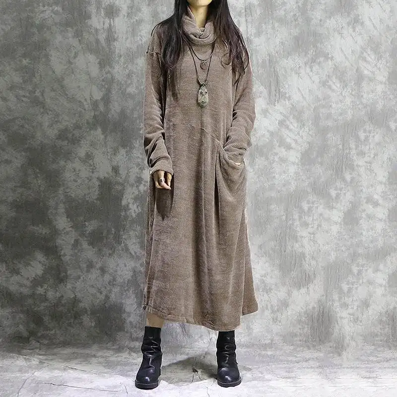 

Women Turtleneck Long Sleeve Corduroy Dress Autumn Vintage Solid Long Sundress Baggy Dresses 7
