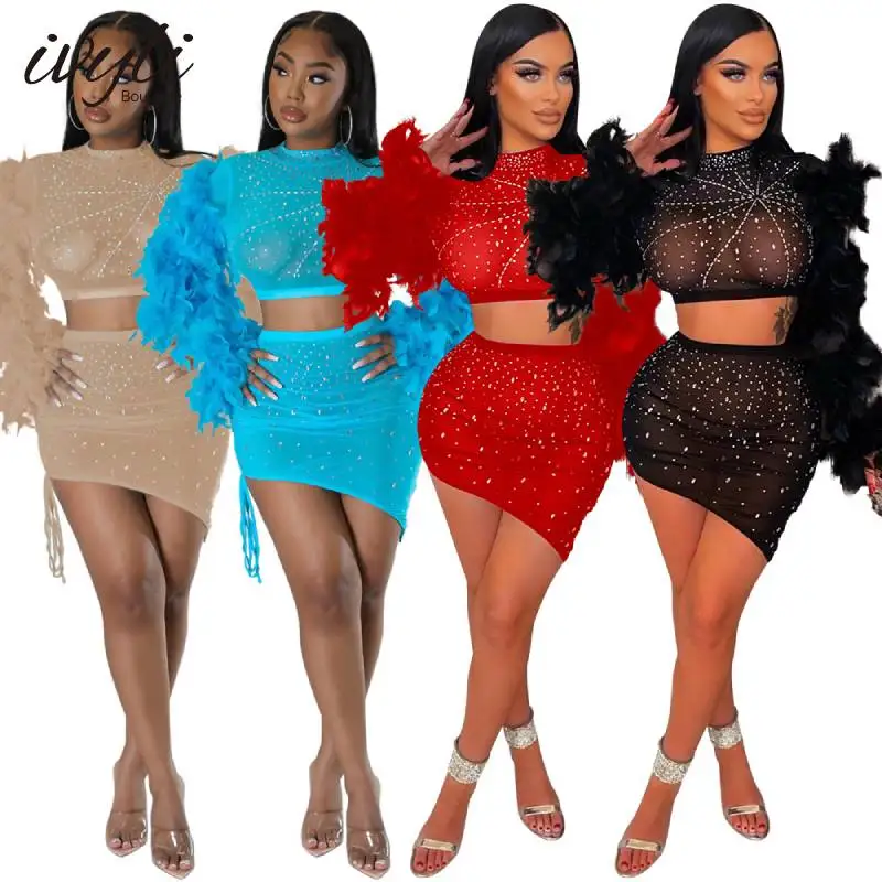

Diamonds Sheer Mesh Two Piece Set Feathers Long Sleeve Crop Top Irregular Bodycon Mini Skirts Women Sexy Club Party Suit