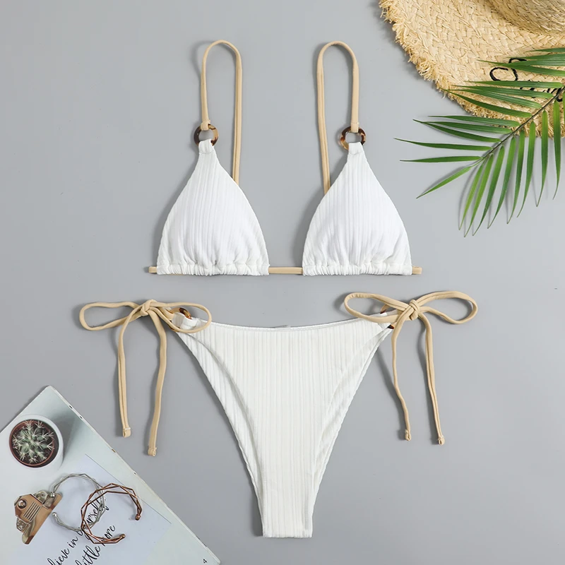 

Rib Triangle Tie Side Lace-up Bikini Swimsuit Women Two Piece Swimwear 2023 Bikini Set Summer Beach Bathing Suit Biquini
