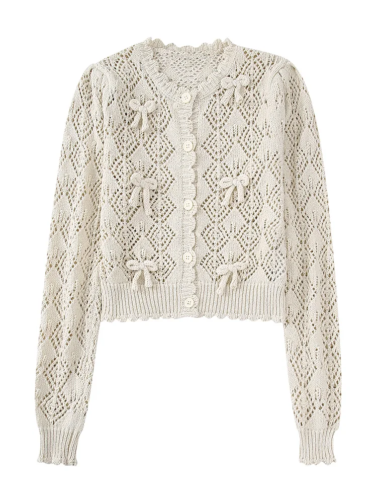 

Cropped Cardigan Women 2022 Vintage Openwork Knitted Cardigan Sweater With Bow Round Neck Long Sleeve Button Up Casual Cardigans