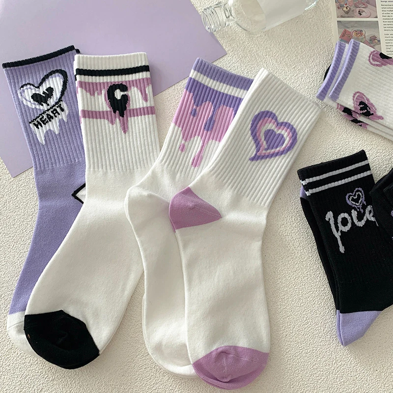 

1Pair Women Cotton Socks Purple Heart Print Middle Tube Sock American Hip Hop Socks Street Wear Skateboard Socks Sports Sock