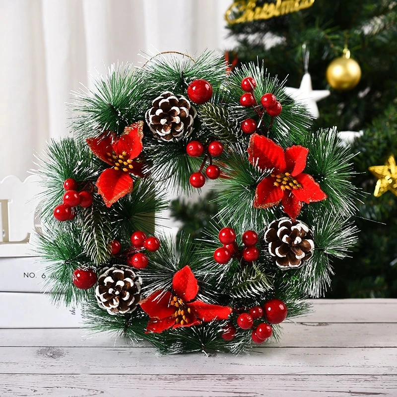 

Artificial Pine Cone Red Berry Garland Christmas Wreath Hanging Ornaments Front Door Wall Decoration Merry Christmas Tree Wreath