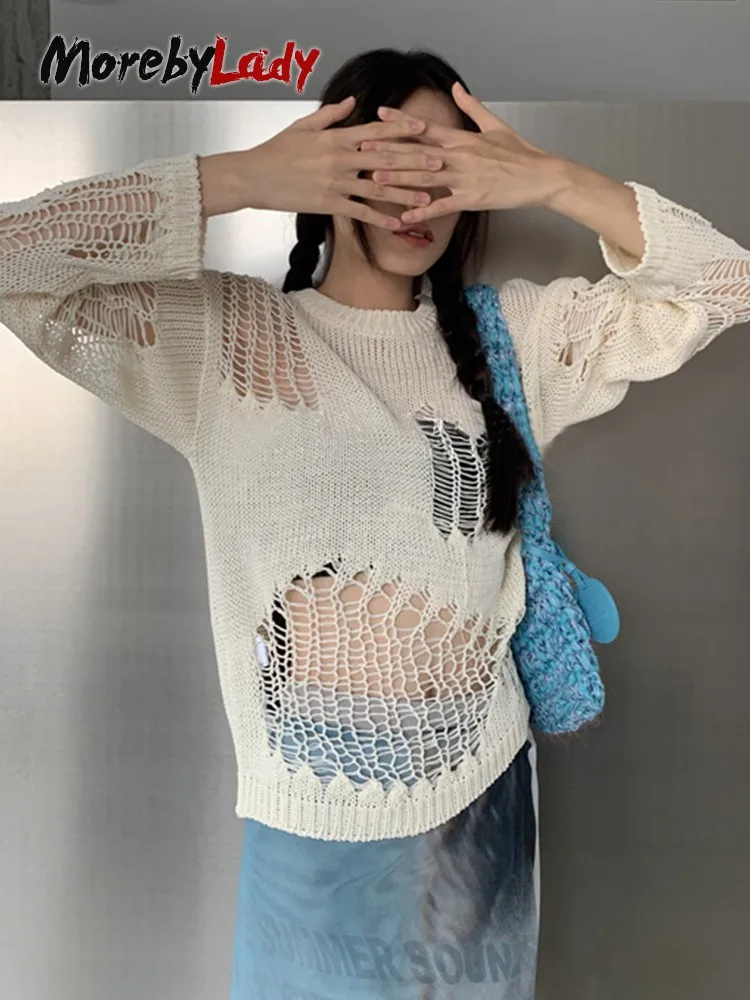 

Женская футболка с вырезами Morbeylady, свободные вязаные топы, тонкие пуловеры с дырками и длинным рукавом, уличная одежда в американском стиле ретро