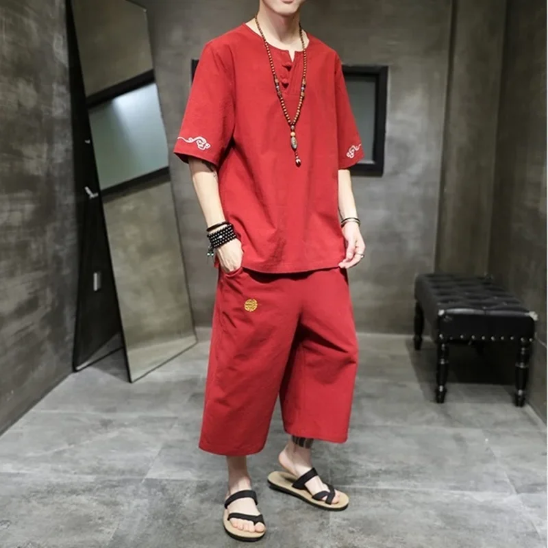 Традиционный китайский стиль летний мужской льняной костюм Тан футболка с