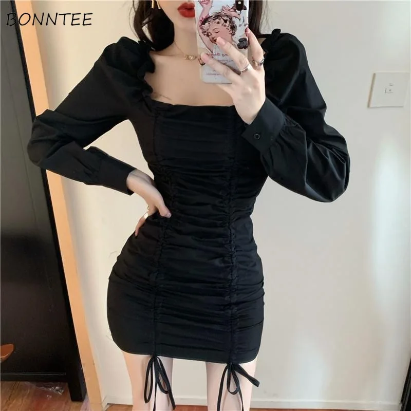 

Dresses Woman Slim Solid Elegant Office Ladies Streetwear New Arrival Korean Style Sexy Slash Neck Trendy Spring Daily Sweet Ins