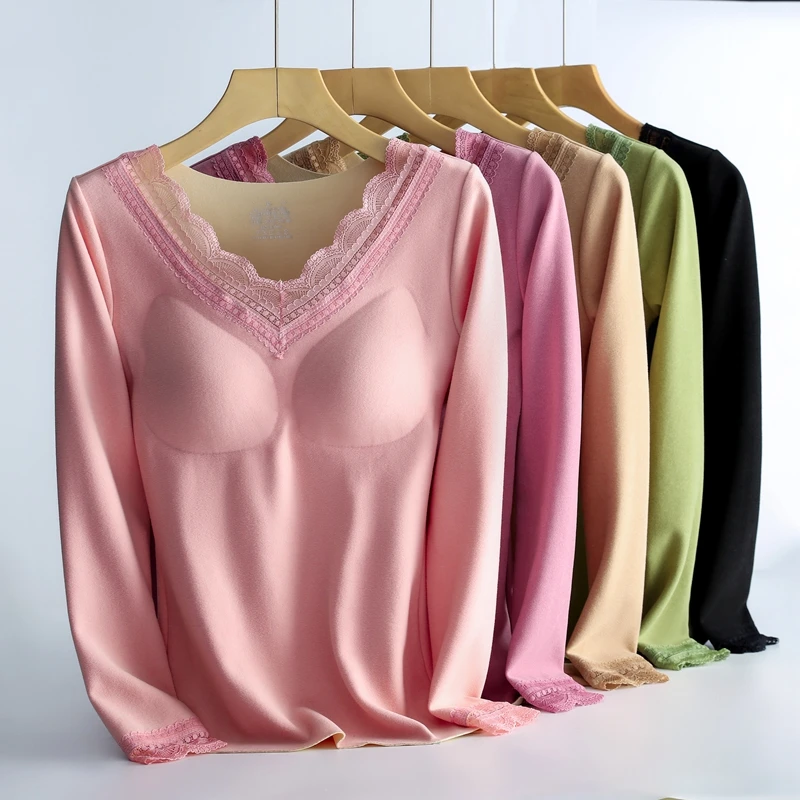 Sexy Lace Women's Thermal Underwear With Bra Winter Thermo Lingerie  Slimming Warm Bottoming V Neck Warm Top