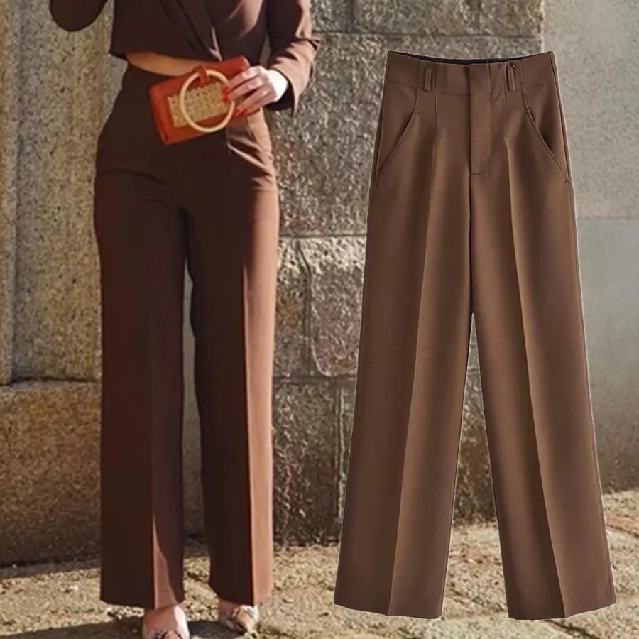 

Maxdutti 2022 английский стиль простой зеленый винтажный костюм с высокой талией брюки женские модные прямые повседневные брюки для женщин