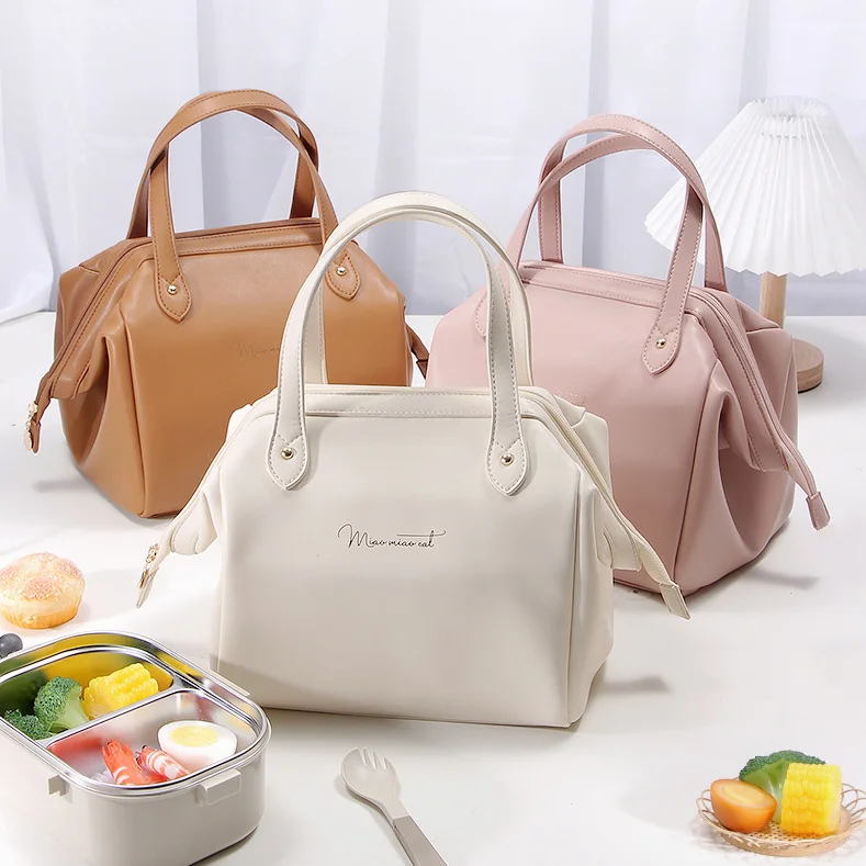 

New PU Leather Lunch Bag Women Large Waterproof Storage Bags Lunch Box Cute Thermal Breakfast Box Portable Picnic Travel
