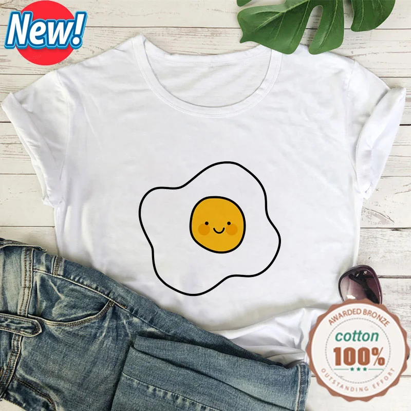

Женская футболка с мультяшным рисунком каваи и яичницы, летняя Милая женская футболка с графическим принтом 2021, кавайная футболка в стиле Х...
