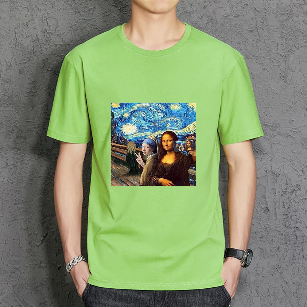 

Creative Starry Sky Oil Painting Figure Selfie Tshirts Men Basic Brand Tops Basic Cotton T Shirts Daily Loose Tee Shirts Men'S