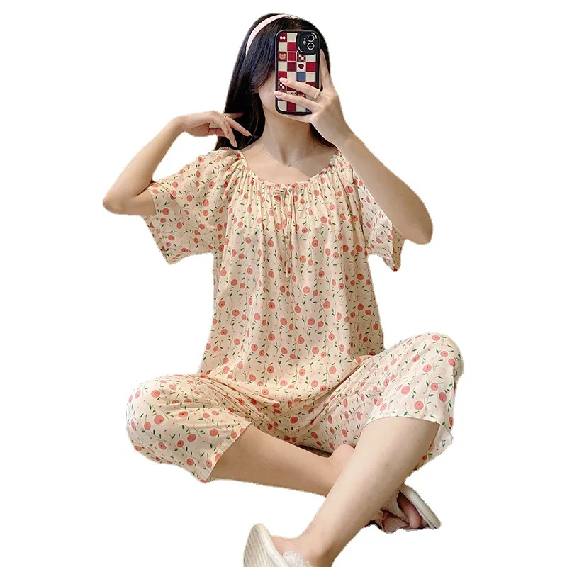 2023 Summer Cotton Silk Women's Pajamas Short-sleeved Cropped Trousers Suit Fresh Pastoral Style Quality Home Service