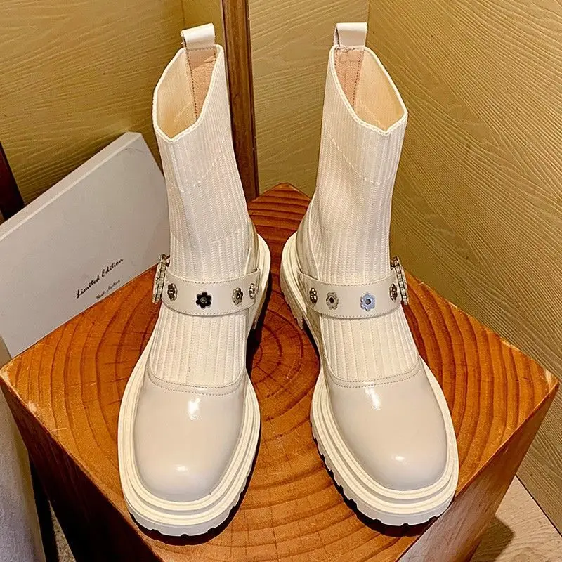 2021 Autumn Knit Elastic Cloth Patchwork Sock Ankle Boots Women Fashion Leather Crystal Buckle Short Boots Female Low Heel Shoes