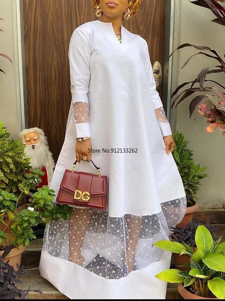 

Summer Elegent African Women Long Sleeve V-neck Polyester White Long Dress African Dresses for Women S-3XL Maxi Dress