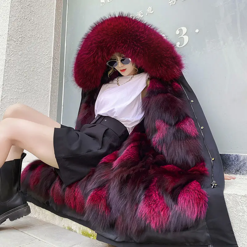 2022 New Black Fox Fur Women's Long Long Fur Coat with Removable Inner Bladder Imitation Fur Imitation Fur Coat Women