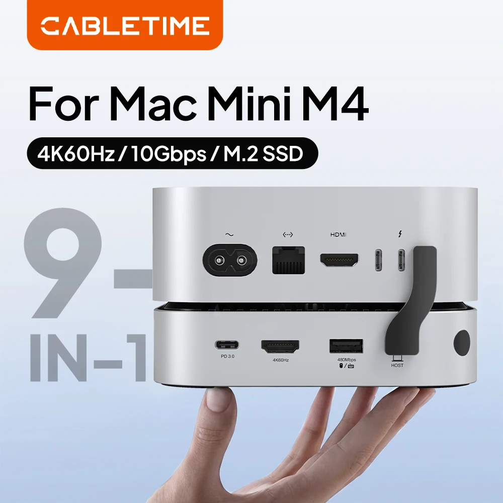 Фото Док-станция CABLETIME для Mac Mini M4, 4K@60Гц, быстрая передача данных 10 Гбит/с, M.2 SSD, SD/TF 4.0, док-станция для расширения хранилища до 8 ТБ №1