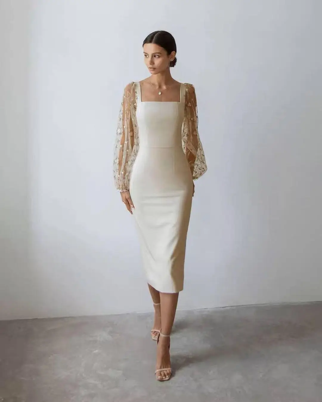 

Sapmae Square Neckline Embroidery Sheath Tea-length White Prom Evenning Formal Dress Suit For Women In Summer 2023