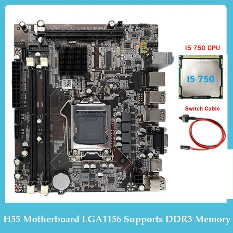 

Материнская плата H55 для компьютера, материнская плата LGA1156 поддерживает процессор I3 530 серии I5 760, память DDR3 + процессор I5 750 + кабель переключения